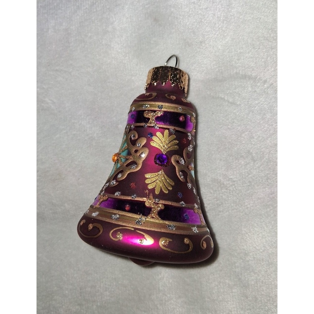 Ornate Burgundy Glass Bell Christmas Ornament Gold Glitter Jeweled 3"